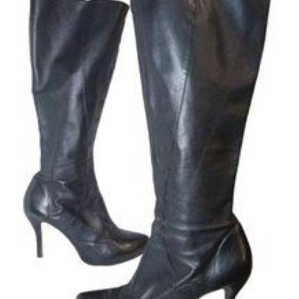 Max Studio Womens Black Leather Platform Heel Knee High Boots Stretch Calf 9.5M
